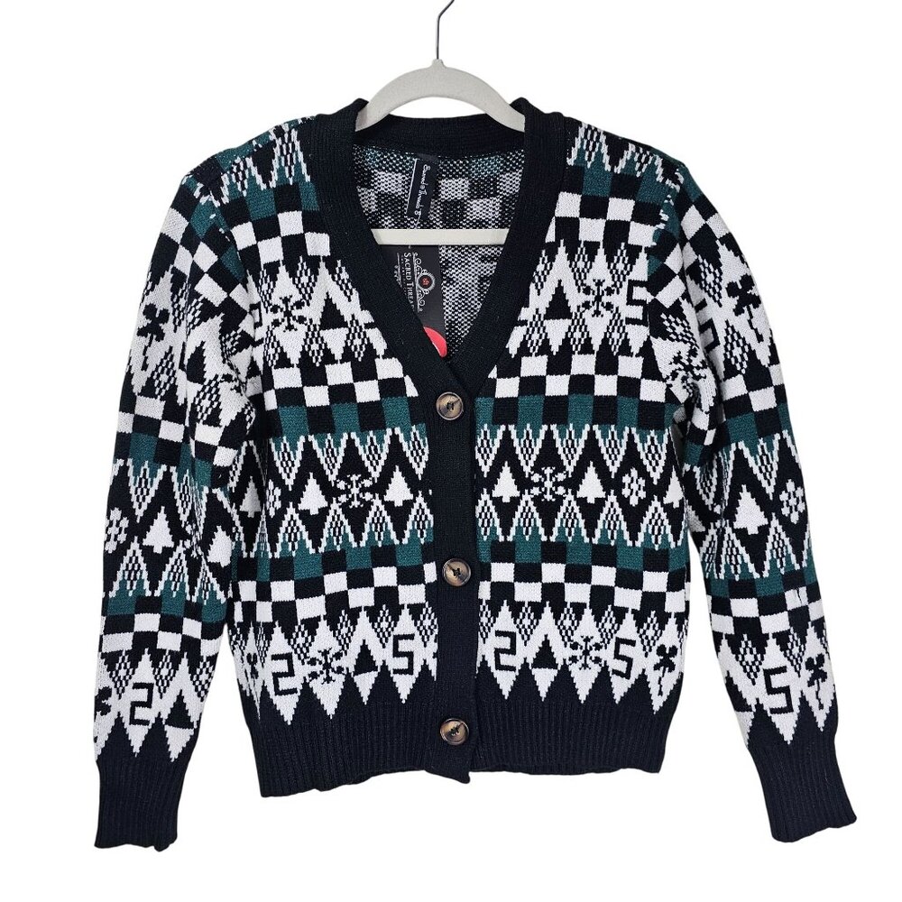 Sacred Threads Cardigan S Black Green Geometric Artsy Vintage 2005 Deadstock